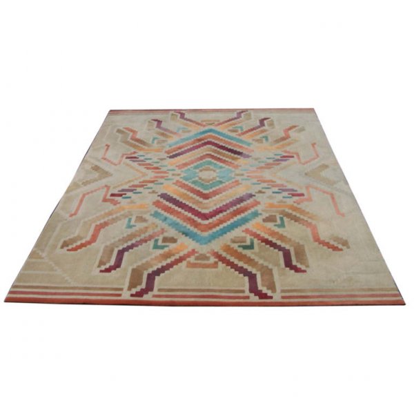 Edward Fields Rug: Designer & Manufacturer: Edward Fields Country of Origin & Materials: USA, wood Additional Information & Circa: Large graphic rug by Edward Fields, signed. The rug has a tan background with various de