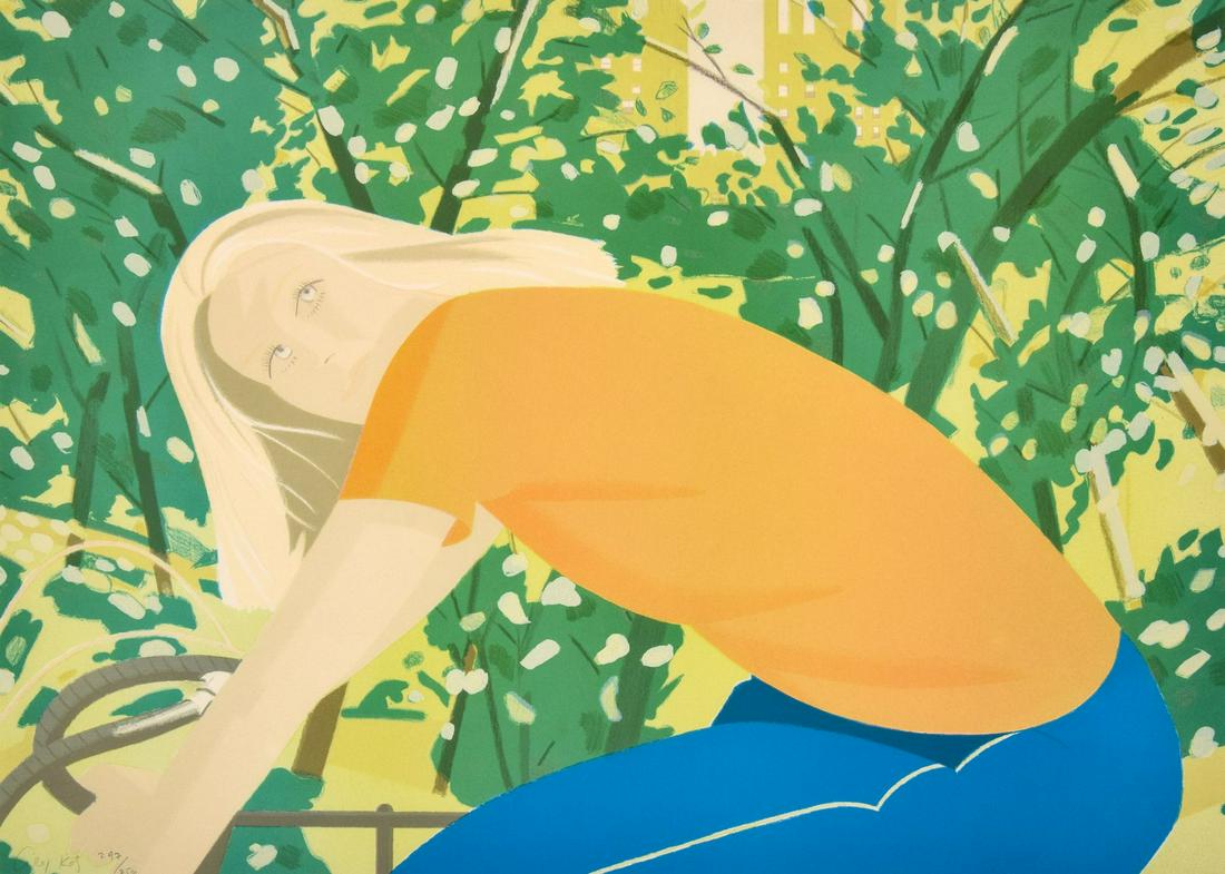 Alex Katz "Bicycle Rider" Lithograph, Signed Edition: Artist/Designer; Manufacturer: Alex Katz (b. 1927) Marking(s); notes: signed; ed. 247/250; 1982 Country of origin; materials: American; lithograph Dimensions (H, W, D): 21.25"h, 29.5"w; 29.75"h, 37.75