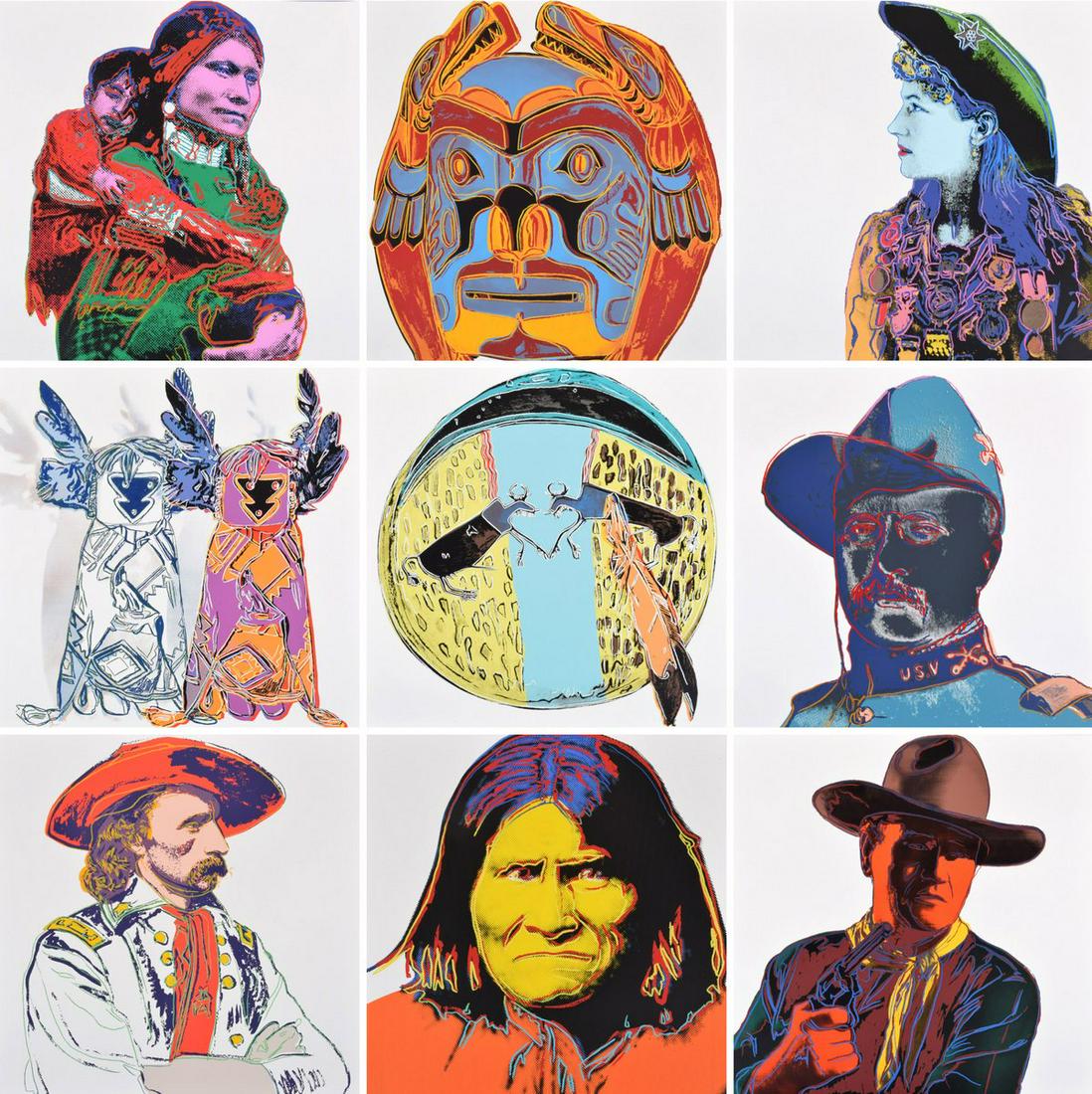 10 Andy Warhol "Cowboys & Indians" Portfolio: Artist/Designer; Manufacturer: Andy Warhol (1928-1987) Marking(s); notes: copyright/publisher's ink stamp, blind stamp; 1986 Country of origin; materials: American; screenprint in colors on Lenox Muse
