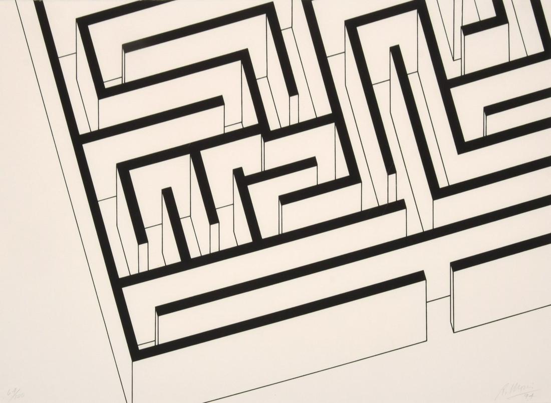 Robert Morris "Labyrinth" Silkscreen, Signed Edition: Artist/Designer; Manufacturer: Robert Morris (b. 1931) Marking(s); notes: signed; ed. 64/100; 1974 Country of origin; materials: American; silkscreen Dimensions (H, W, D): 22"h, 30"w; 31.5"h, 39.5"w f