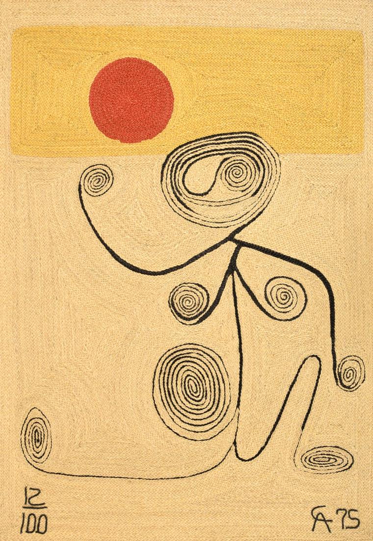 Large Alexander Calder (after) Tapestry: Artist/Designer; Manufacturer: Alexander Calder (after); Bon Art Marking(s); notes: signed; ed. 12/100; 1975 (all in the weave) Country of origin; materials: Nicaragua; jute fiber Dimensions (H, W, D)