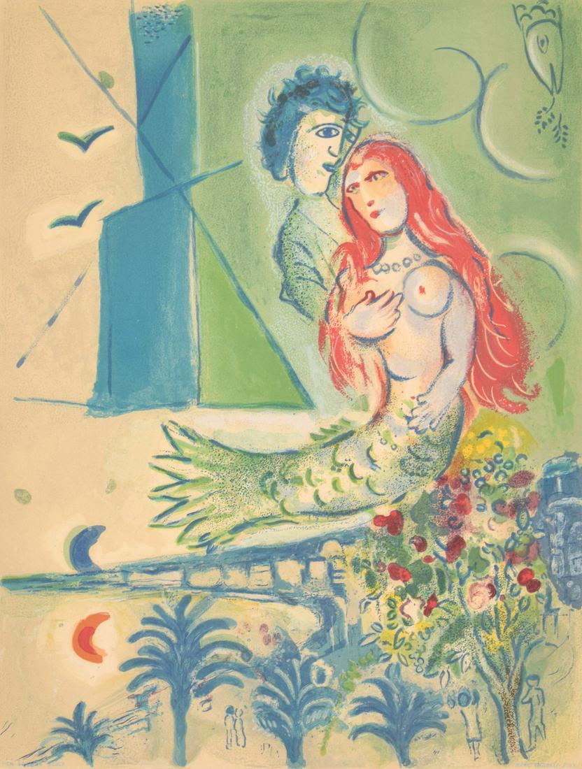 Marc Chagall "Siren with Poet" Lithograph, Signed Ed.: Artist/Designer; Manufacturer: Marc Chagall (1887-1985) Marking(s); notes: signed; ed. 18/150; 1962 Country of origin; materials: French/Russian; lithograph Dimensions (H, W, D): 26.5"h, 20"w; 33.5"h,