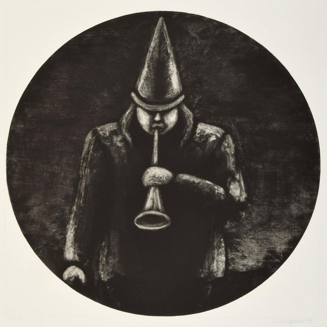 Jane Dickson "Reveler" Aquatint, Signed Edition: Artist/Designer; Manufacturer: Jane Dickson (b. 1952) Marking(s); notes: signed; HC 1/1; 1991 Country of origin; materials: American; aquatint printed in black Dimensions (H, W, D): 32.25"h, 30.5"w sh