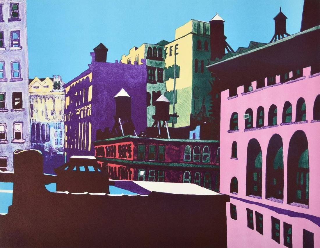 Jon Carsman "City" Lithograph, Signed Edition: Artist/Designer; Manufacturer: Jon Carsman (1944-1987) Marking(s); notes: signed; AP; 1973 Country of origin; materials: American; color lithograph Dimensions (H, W, D): 21.5"h, 26.5"w sheet Additiona