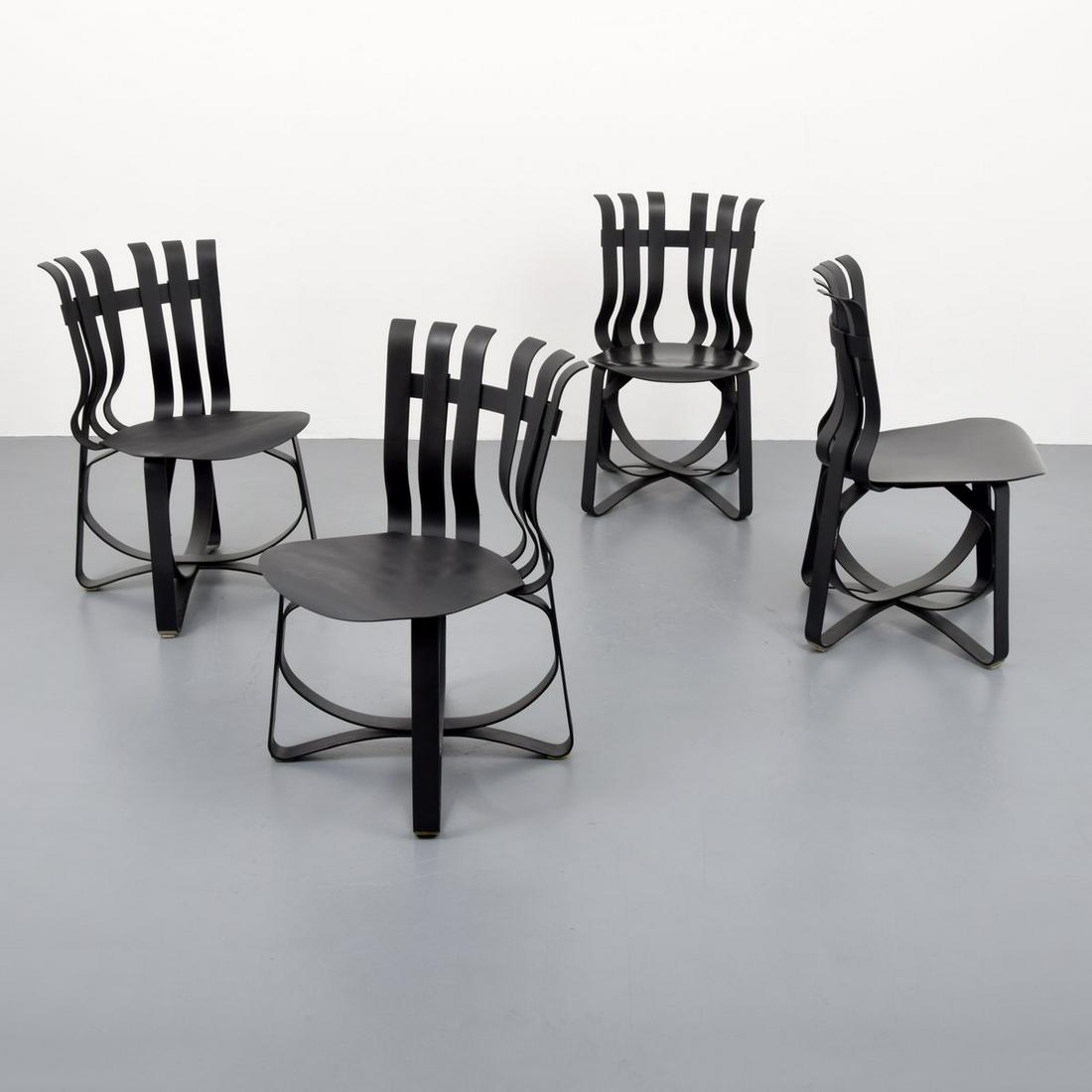 4 Frank Gehry "Hat Trick" Chairs, Paige Rense: Artist/Designer; Manufacturer: Frank Gehry; Knoll Marking(s); notes: signed; 1994 Country of origin; materials: USA; maple laminate Dimensions (H, W, D): 33.5"h, 19"w, 21"d; 18" seat height Additional