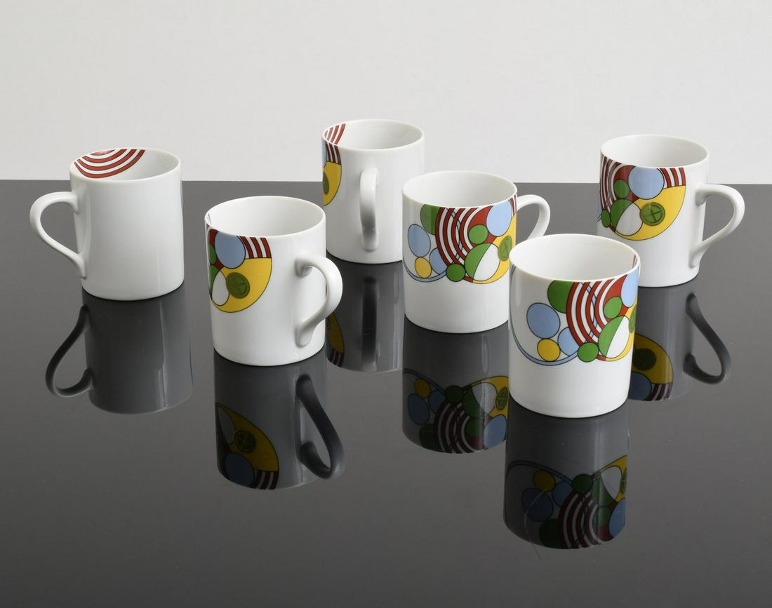 6 Frank Lloyd Wright Coffee Cups, Paige Rense Estate: Artist/Designer; Manufacturer: Frank Lloyd Wright; Tiffany & Co. Marking(s); notes: signed, markings; 1990 Country of origin; materials: USA; porcelain Dimensions (H, W, D): 3.5"h, 4.25"w, 3"d each Ad
