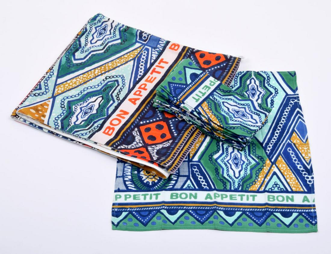"Bon Appetit" Table Linens, Paige Rense Estate: Artist/Designer; Manufacturer: unknown Marking(s); notes: care label Country of origin; materials: India; cotton Dimensions (H, W, D): runners: 72"l, 15.25"w; napkins: 20"h, 19"w each Additional Infor
