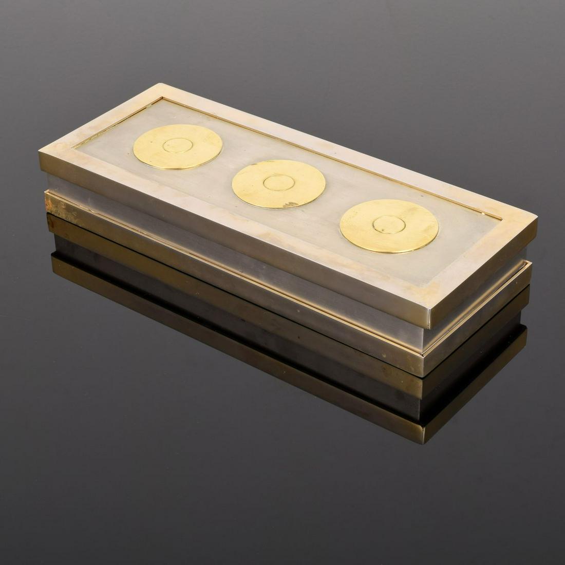 Large Hermes Lidded Box: Artist/Designer; Manufacturer: Hermes Marking(s); notes: signed Country of origin; materials: France; silverplate, gold-plated brass, wood Dimensions (H, W, D): 2"h, 11.75"w, 4.75"d Additional Informa