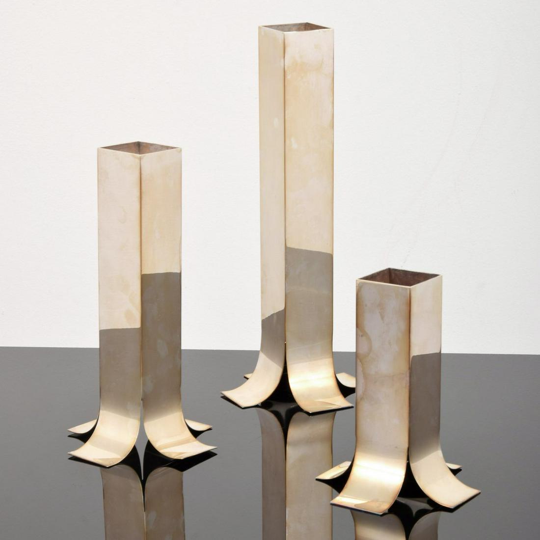 3 Lino Sabattini Vases: Artist/Designer; Manufacturer: Lino Sabattini; Christofle Marking(s); notes: Sabattini, Made in Italy, marking(s) Country of origin; materials: Italy; silverplate Dimensions (H, W, D): largest: 16"h,