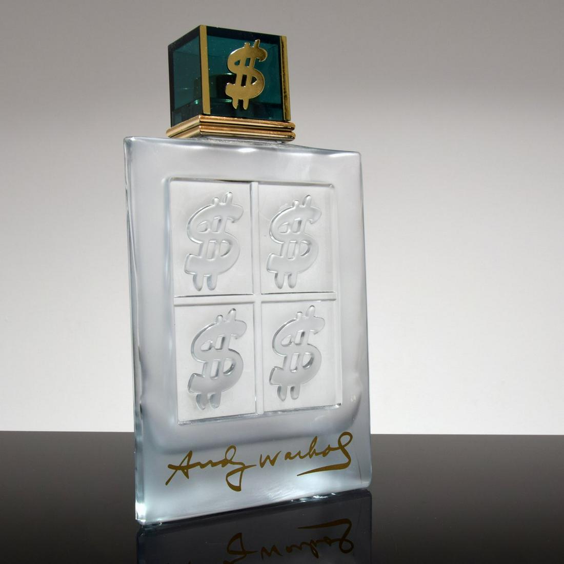 Large Andy Warhol (after) Glass Display Bottle: Artist/Designer; Manufacturer: Andy Warhol (after) Marking(s); notes: marking(s) Country of origin; materials: country of origin unknown; glass, plastic, metal Dimensions (H, W, D): 14"h, 7.75"w, 2.75