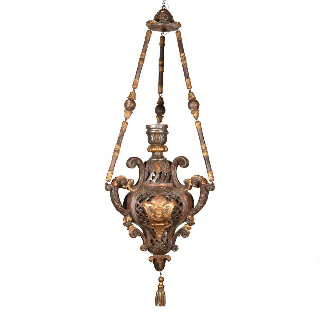 Large Baroque Style Carved, Painted & Giltwood Lantern: Artist/Designer; Manufacturer: unknown Marking(s); notes: no marking(s) apparent Country of origin; materials: Italy; wood, metal Dimensions (H, W, D): 70"h, 34"dia Additional Information: Chandelier 