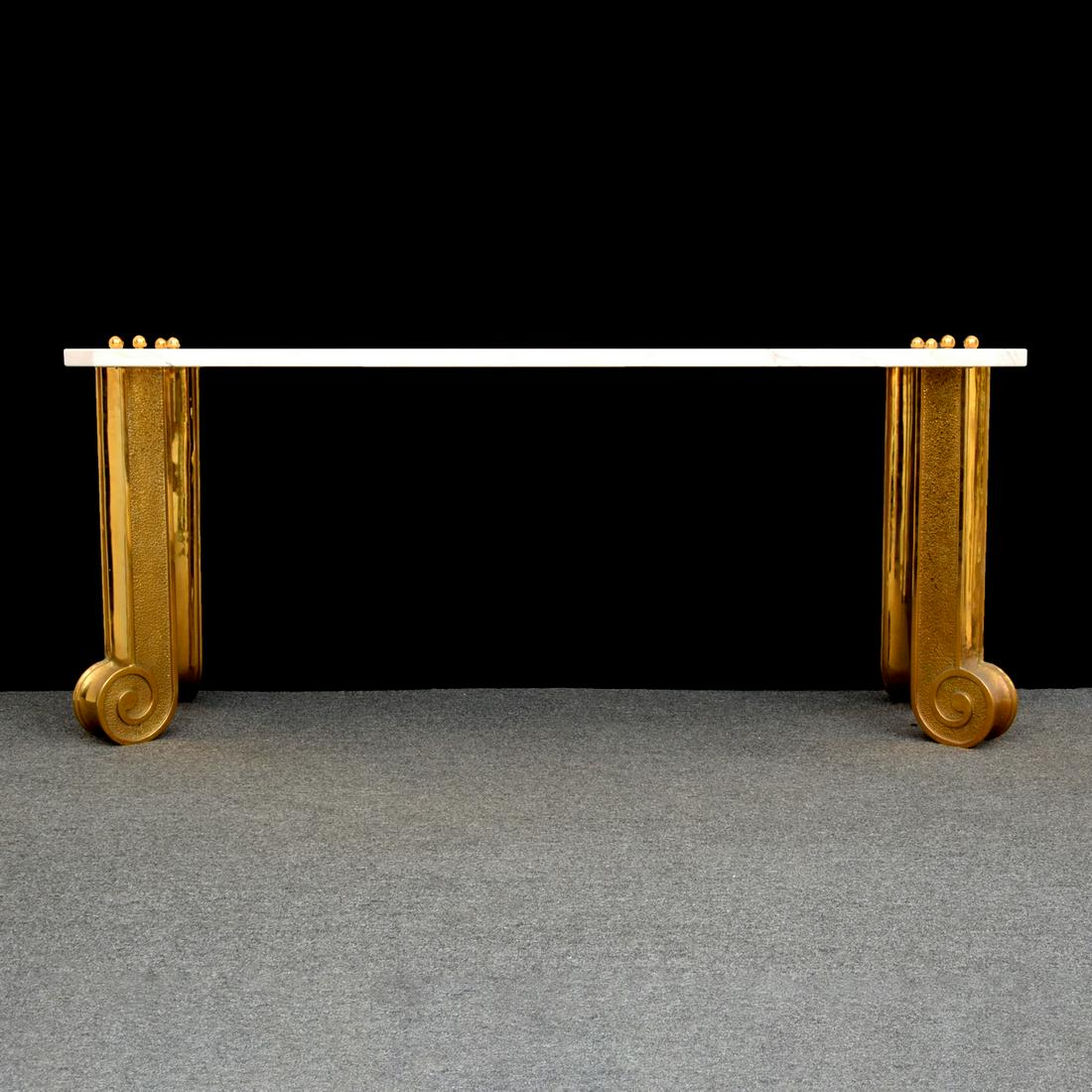 Neoclassical Style Bronze Console Table: Artist/Designer; Manufacturer: unknown Marking(s); notes: no marking(s) apparent Country of origin; materials: country of origin unknown; bronze, marble Dimensions (H, W, D): 27"h, 63"w, 19.75"d Addit