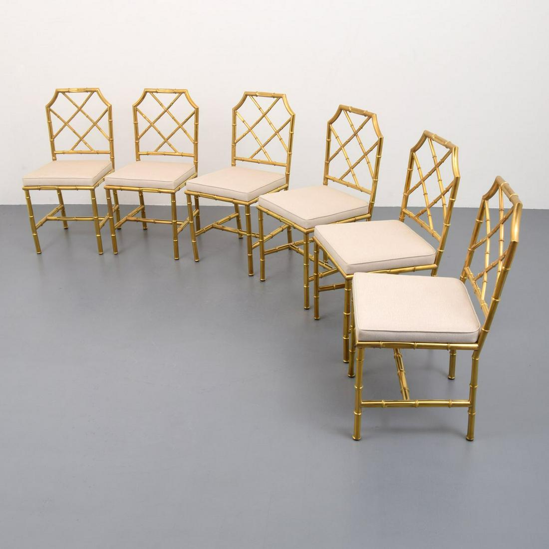 6 Faux Bamboo Dining Chairs, Manner of Mastercraft: Artist/Designer; Manufacturer: Mastercraft, manner of Marking(s); notes: Made in Italy Country of origin; materials: Italy; brass, upholstery Dimensions (H, W, D): 34.5"h, 16.5"w, 17"d; 18.5" seat hei