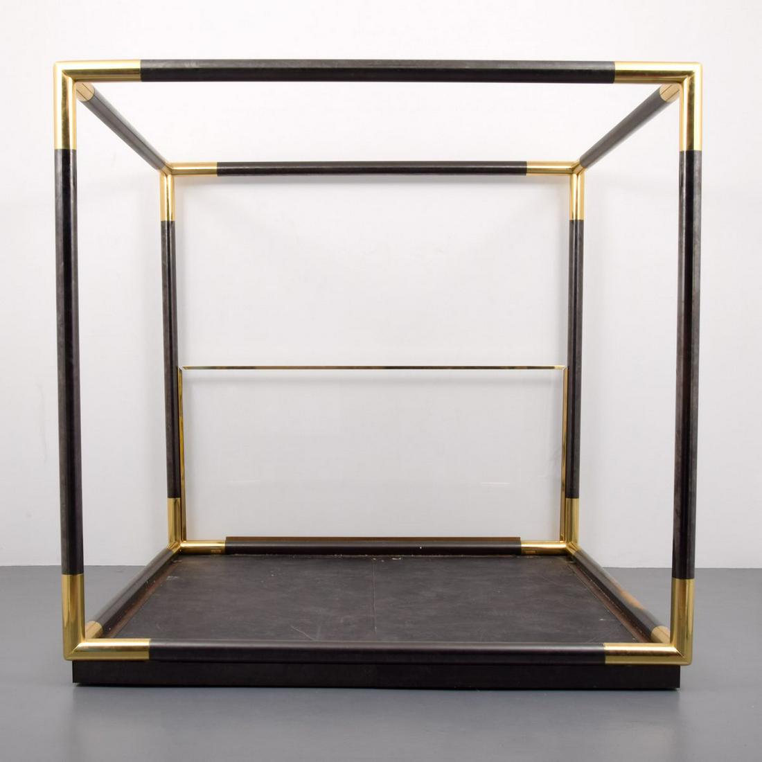 Rare Karl Springer Canopy Bed: Artist/Designer; Manufacturer: Karl Springer; Karl Springer Ltd. Marking(s); notes: no marking(s) apparent Country of origin; materials: USA; brass, gunmetal finish on metal, Lucite, wood Dimensions (
