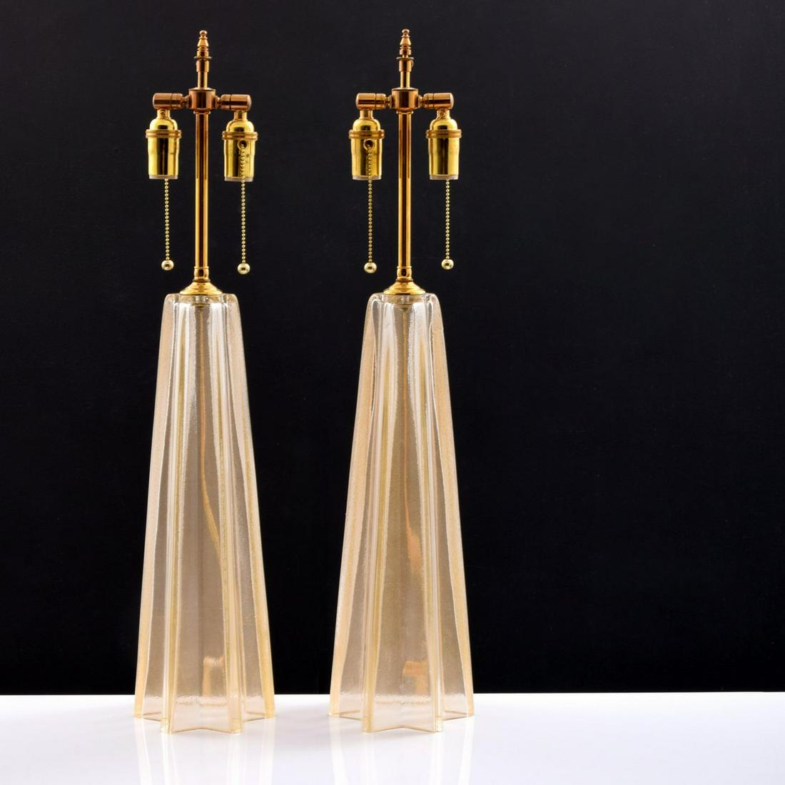 Pair of Murano Lamps, Manner of Barovier & Toso: Artist/Designer; Manufacturer: Barovier & Toso, manner of Marking(s); notes: no marking(s) apparent Country of origin; materials: Italy; glass, brass Dimensions (H, W, D): 30"h, 6.5"dia Additional Inf