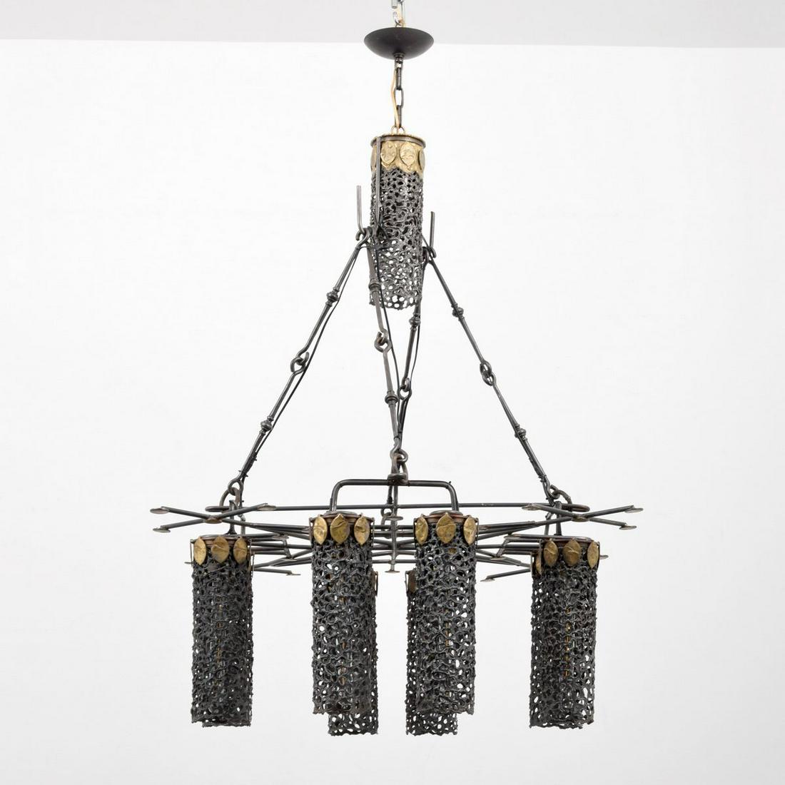 Large Brutalist Chandelier, Manner of Tom Greene: Artist/Designer; Manufacturer: Tom Greene, manner of Marking(s); notes: no marking(s) apparent Country of origin; materials: country of origin unknown; mixed metals Dimensions (H, W, D): 60"h, 48"w, 4