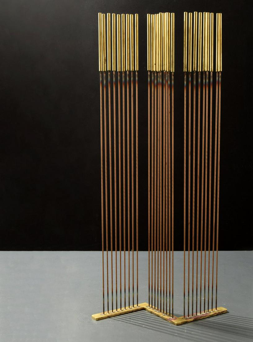 Large Val Bertoia Sounding Sculpture: Artist/Designer; Manufacturer: Val Bertoia (b. 1949) Marking(s); notes: B-2403 Country of origin; materials: American; brass, beryllium copper Dimensions (H, W, D): 59"h, 29"w, 12"d Additional Informa