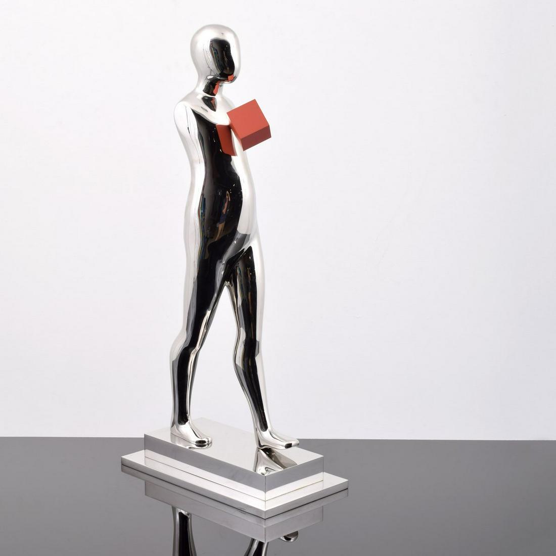 Ernest Trova "Walking Man" Sculpture: Artist/Designer; Manufacturer: Ernest Trova (1927-2010) Marking(s); notes: signed, marking(s); 2-6; 1995 Country of origin; materials: American; polished stainless steel, enameled metal Dimensions (H,