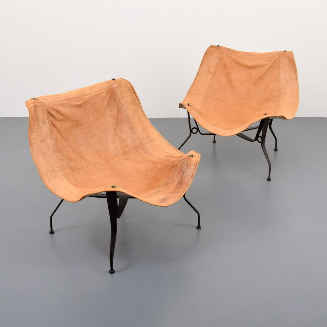 Pair of Leather Lounge Chairs, Manner of Max Gottschalk: Artist/Designer; Manufacturer: Max Gottschalk, manner of Marking(s); notes: no marking(s) apparent Country of origin; materials: country of origin unknown; iron, leather Dimensions (H, W, D): 31"h, 28
