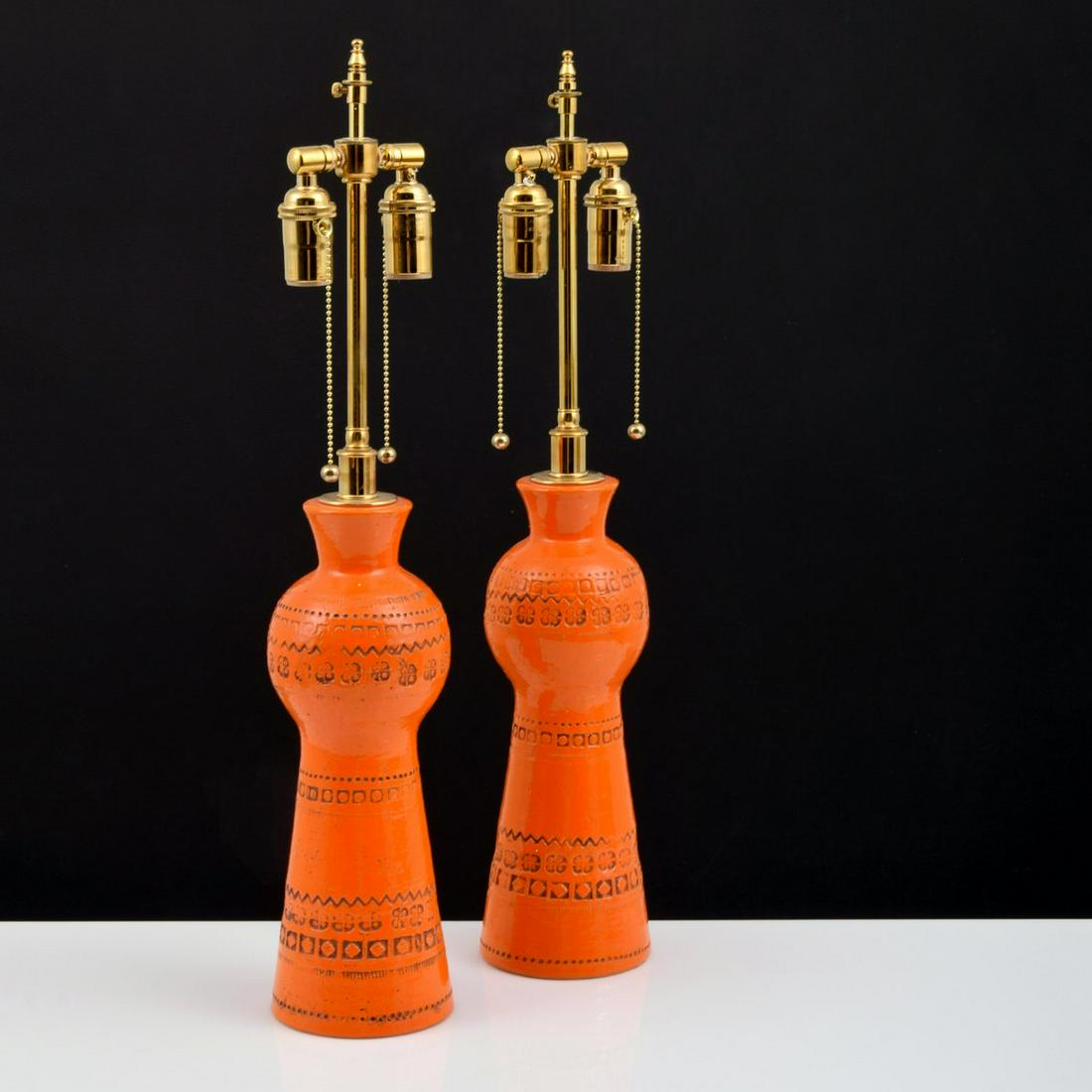 Pair of Aldo Londi Lamps: Artist/Designer; Manufacturer: Aldo Londi; Bitossi Marking(s); notes: no marking(s) apparent Country of origin; materials: Italy; ceramic, brass Dimensions (H, W, D): 26"h, 5"dia Additional Informatio