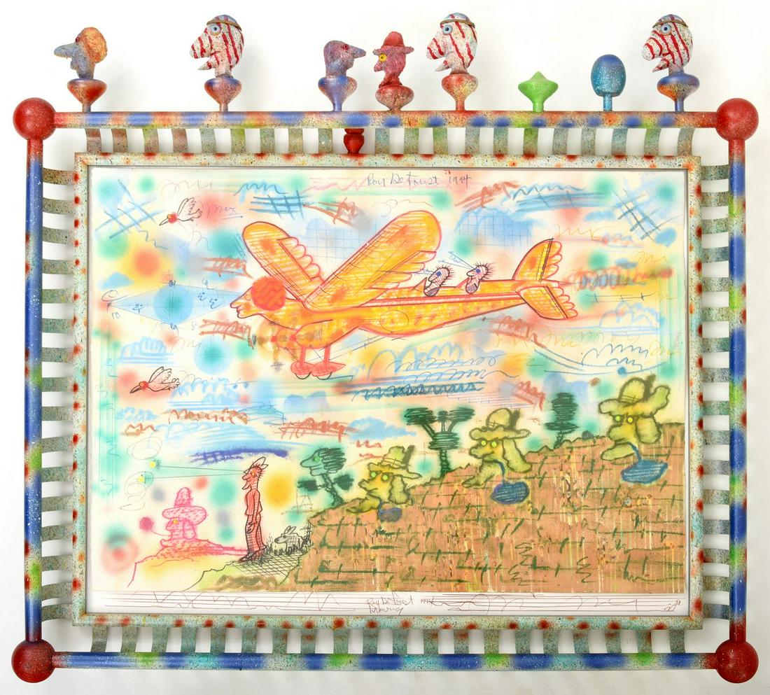 Large Roy de Forest Mixed Media Painting: Artist/Designer; Manufacturer: Roy de Forest (1930-2007) Marking(s); notes: signed twice, marking(s); 1994 Country of origin; materials: American; mixed media on paper Dimensions (H, W, D): 30.5"h, 41