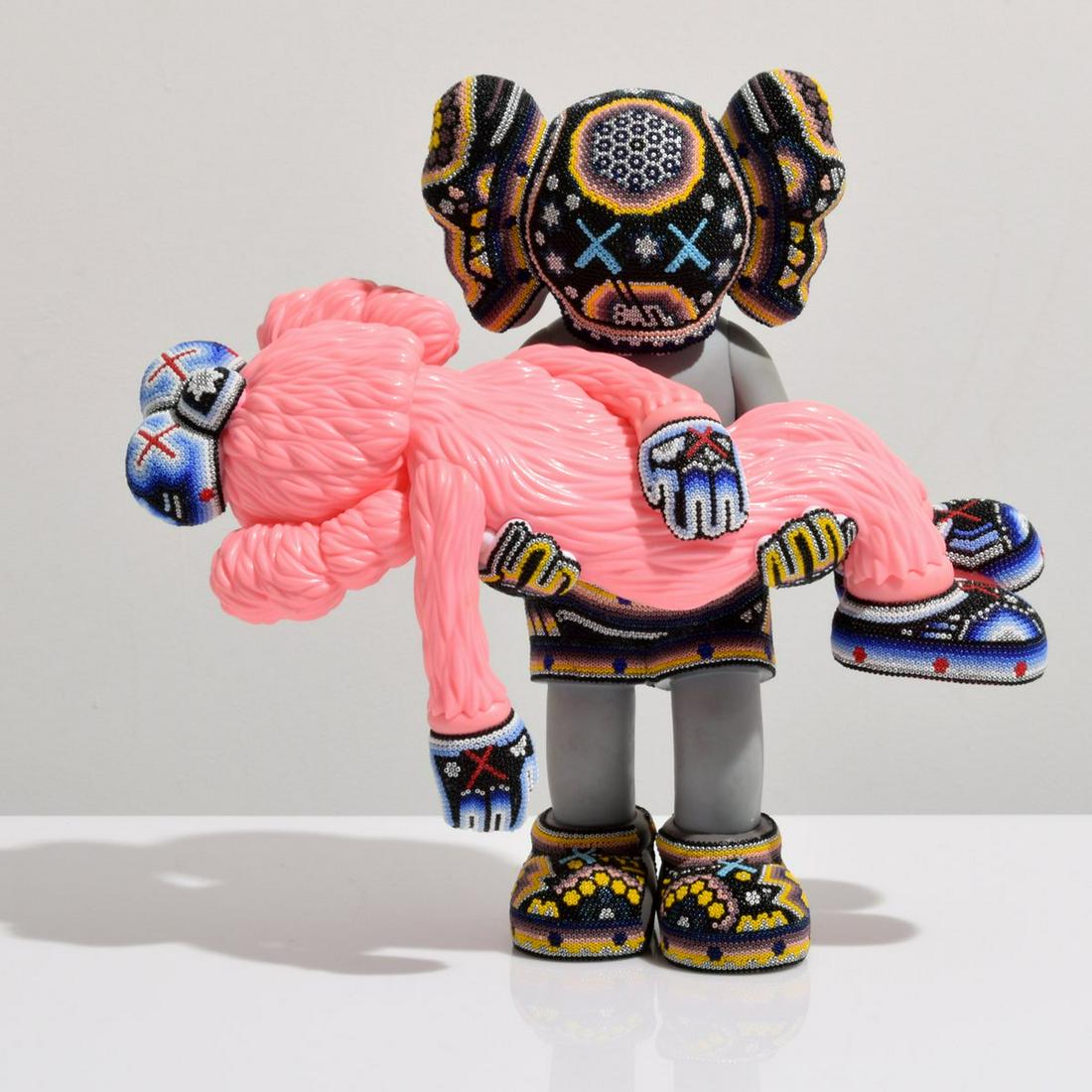 Rick Wolfryd "Alteration" Sculpture (KAWS Inspired): Artist/Designer; Manufacturer: Rick Wolfryd (b. 1953), KAWS; Medicom Toy, Huichol artisans Marking(s); notes: signed, marking(s); TP; 2021 Country of origin; materials: American, Mexican, China; resin