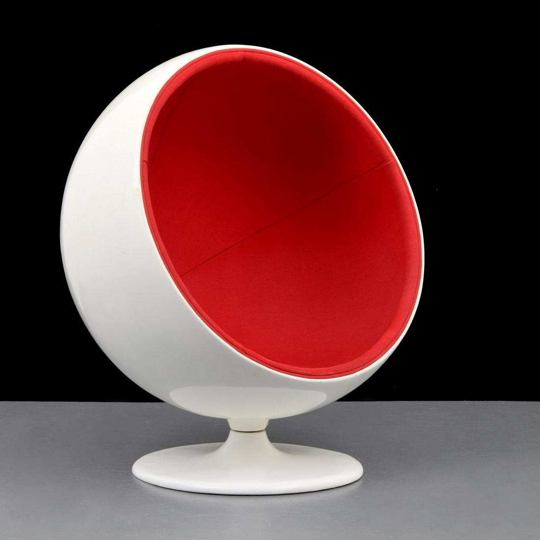 Ball Lounge Chair, Manner of Eero Aarnio: Artist/Designer; Manufacturer: Eero Aarnio, manner of Marking(s); notes: no marking(s) apparent Country of origin; materials: country of origin unknown; gel-coated fiberglass, enameled aluminum, uphol