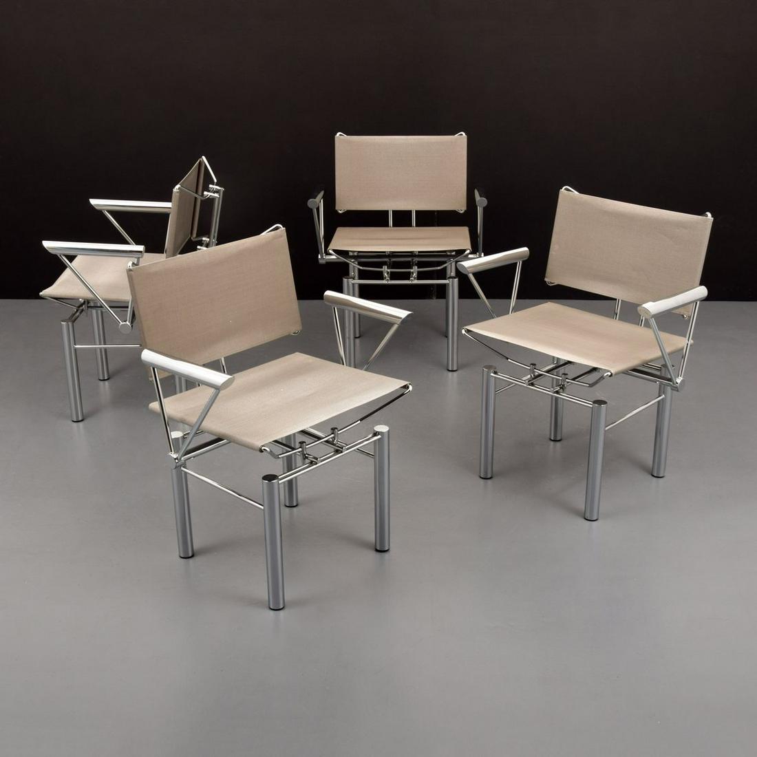4 Hans Ullrich Bitsch Arm Chairs: Artist/Designer; Manufacturer: Hans Ullrich Bitsch; Kusch & Co. Marking(s); notes: Kusch & Co. label Country of origin; materials: Germany; chromed metal, upholstery Dimensions (H, W, D): 30"h, 25"w,