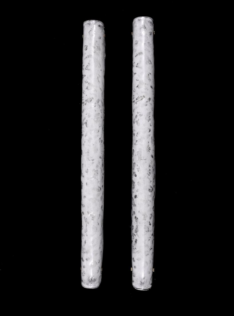 Pair of Sconces, Manner of Barovier & Toso: Artist/Designer; Manufacturer: Barovier & Toso, manner of Marking(s); notes: no marking(s) apparent Country of origin; materials: Italy; glass, brass, enameled metal Dimensions (H, W, D): 37"h, 3.25"w