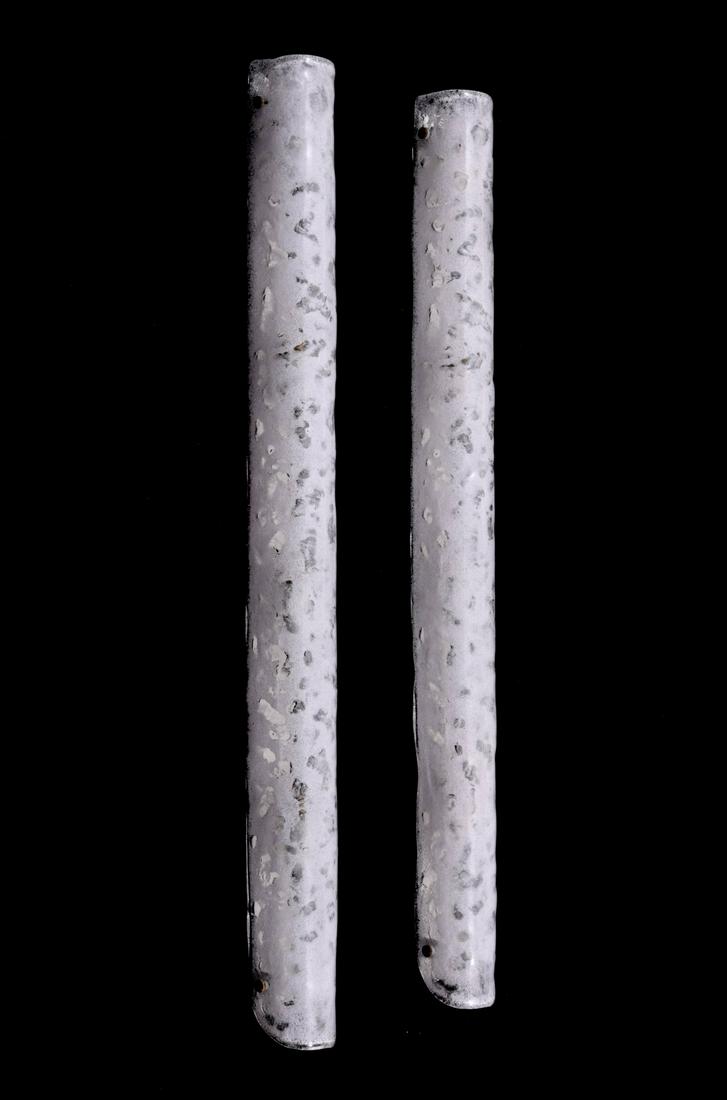 Pair of Large Sconces, Manner of Barovier & Toso: Artist/Designer; Manufacturer: Barovier & Toso, manner of Marking(s); notes: no marking(s) apparent Country of origin; materials: Italy; glass, brass, enameled metal Dimensions (H, W, D): 37"h, 3.25"w