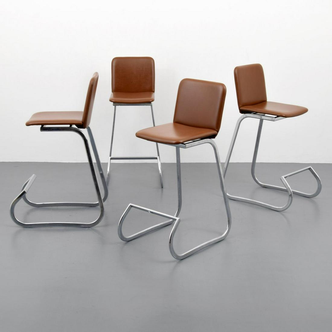 4 John Behringer Bar Stools: Artist/Designer; Manufacturer: John Behringer; Stendig Marking(s); notes: Stendig label Country of origin; materials: USA; upholstery, chromed metal Dimensions (H, W, D): 40.5"h, 16.5"w, 25.5"d; 28.5"