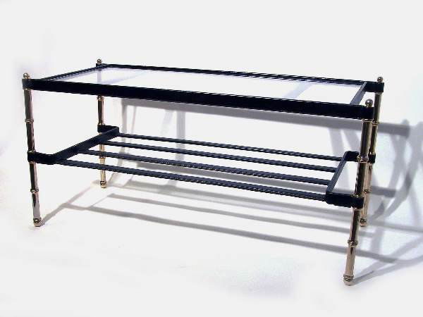 Jacques Adnet Cocktail Table: Designer & Manufacturer: Jacques Adnet Country of Origin & Materials: France; leather, glass, metal Additional Information & Circa: Fine cocktail table by Jacques Adnet. Faux bamboo frame, glass top,