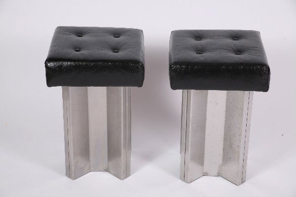 Maison Jansen, Pair of Stools: Designer & Manufacturer: Maison Jansen Country of Origin & Materials: France; metal, leather Additional Information & Circa: Pair of stools by Maison Jansen; Circa 1970's Dimensions: 19"H, 12"W, 12"D
