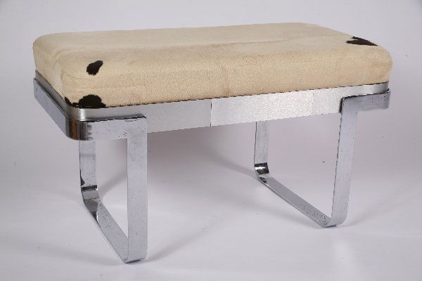 Karl Springer Bench / Table: Designer & Manufacturer: Karl Springer Country of Origin & Materials: USA; chrome, metal laminate, wood, fur Additional Information & Circa: Quality bench or table designed by Karl Springer with fur u