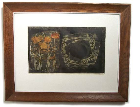 T. Smith Linocut: Designer & Manufacturer: T. Smith Country of Origin & Materials: USA; linocut on cloth, wormwood frame Additional Information & Circa: Abstract linocut with hand-coloring, beautifully matted in cloth 
