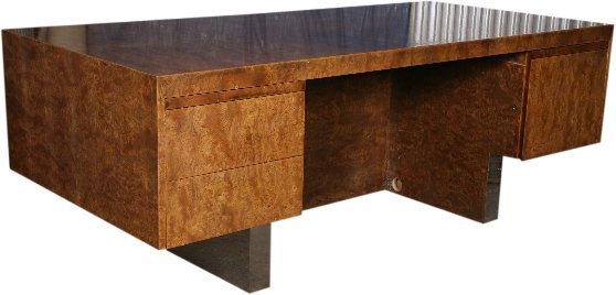 Pace Executive Desk: Designer & Manufacturer: Pace Collection Country of Origin & Materials: USA; chrome, burlwood Additional Information & Circa: Fine quality executive desk by Pace Collection. Left side features 2 drawe