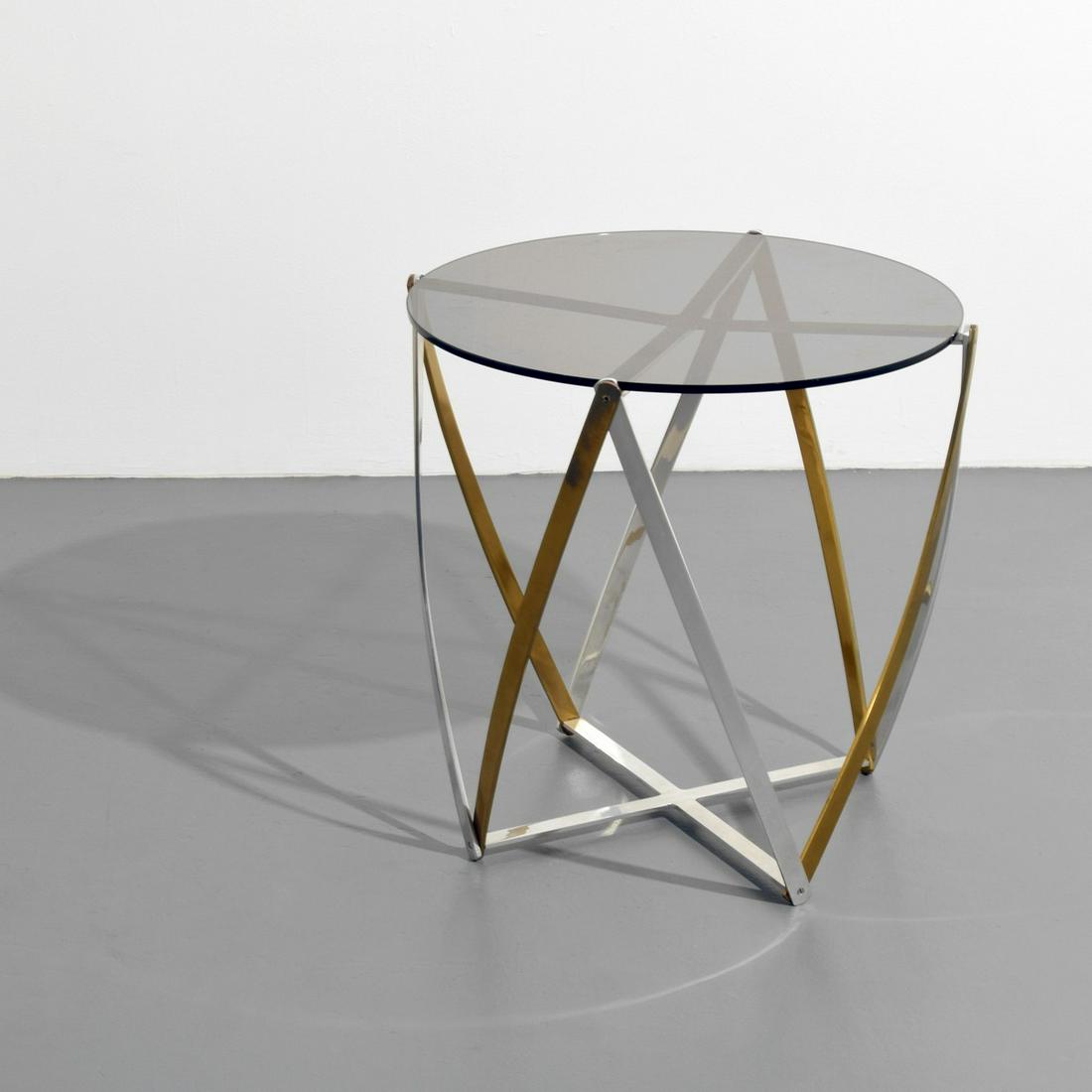 John Vesey Occasional Table: Artist/Designer; Manufacturer: John Vesey; John Vesey Inc. Marking(s); notes: no marking(s) apparent Country of origin; materials: USA; chromed metal, brass, glass Dimensions (H, W, D): 24"h, 25"dia A