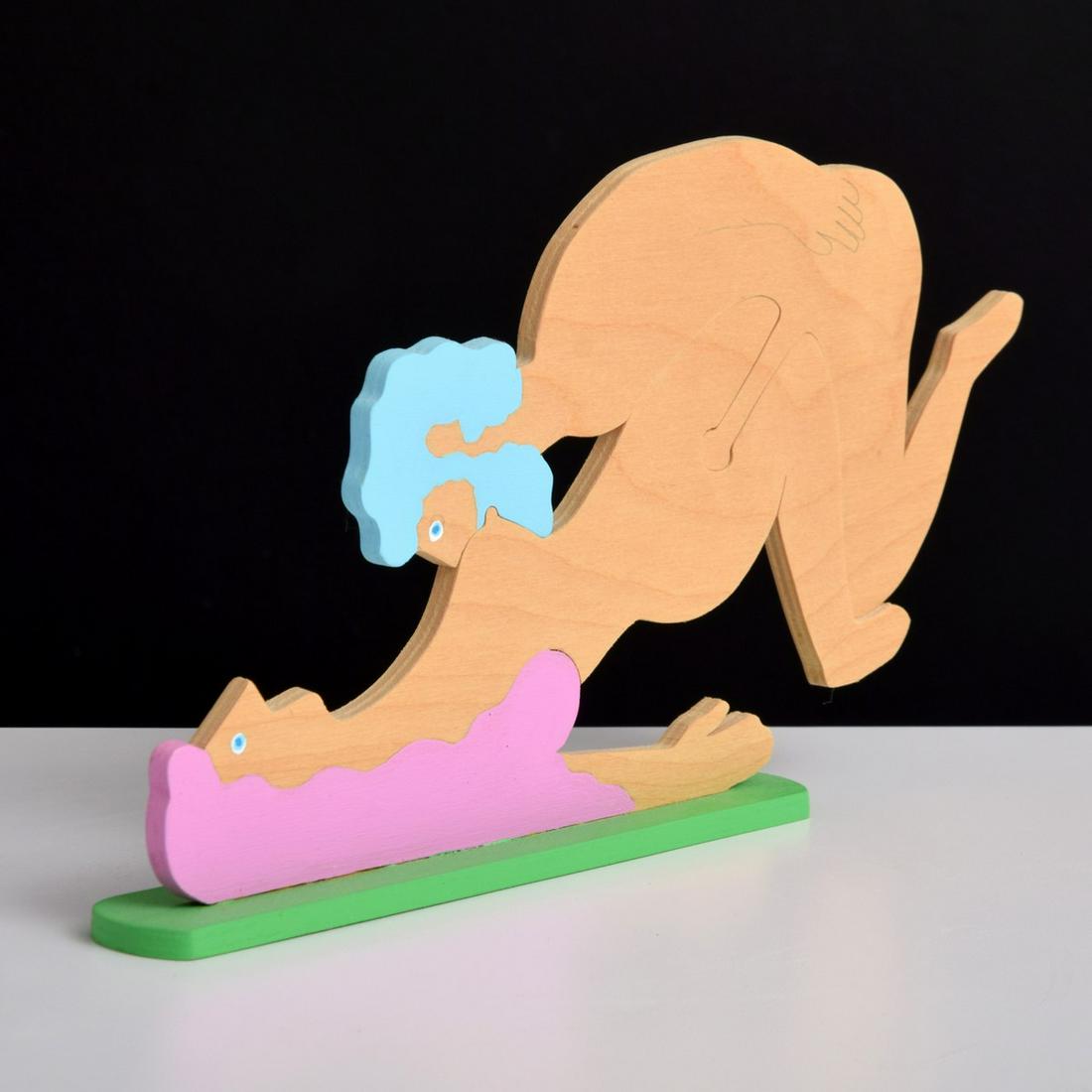 William Accorsi Erotic Puzzle Sculpture, Man & Woman: Artist/Designer; Manufacturer: William Accorsi (b. 1931) Marking(s); notes: signed, 2009 Country of origin; materials: American; painted wood Dimensions (H, W, D): 6.25"h, 11"w, 1.25"d Additional Info