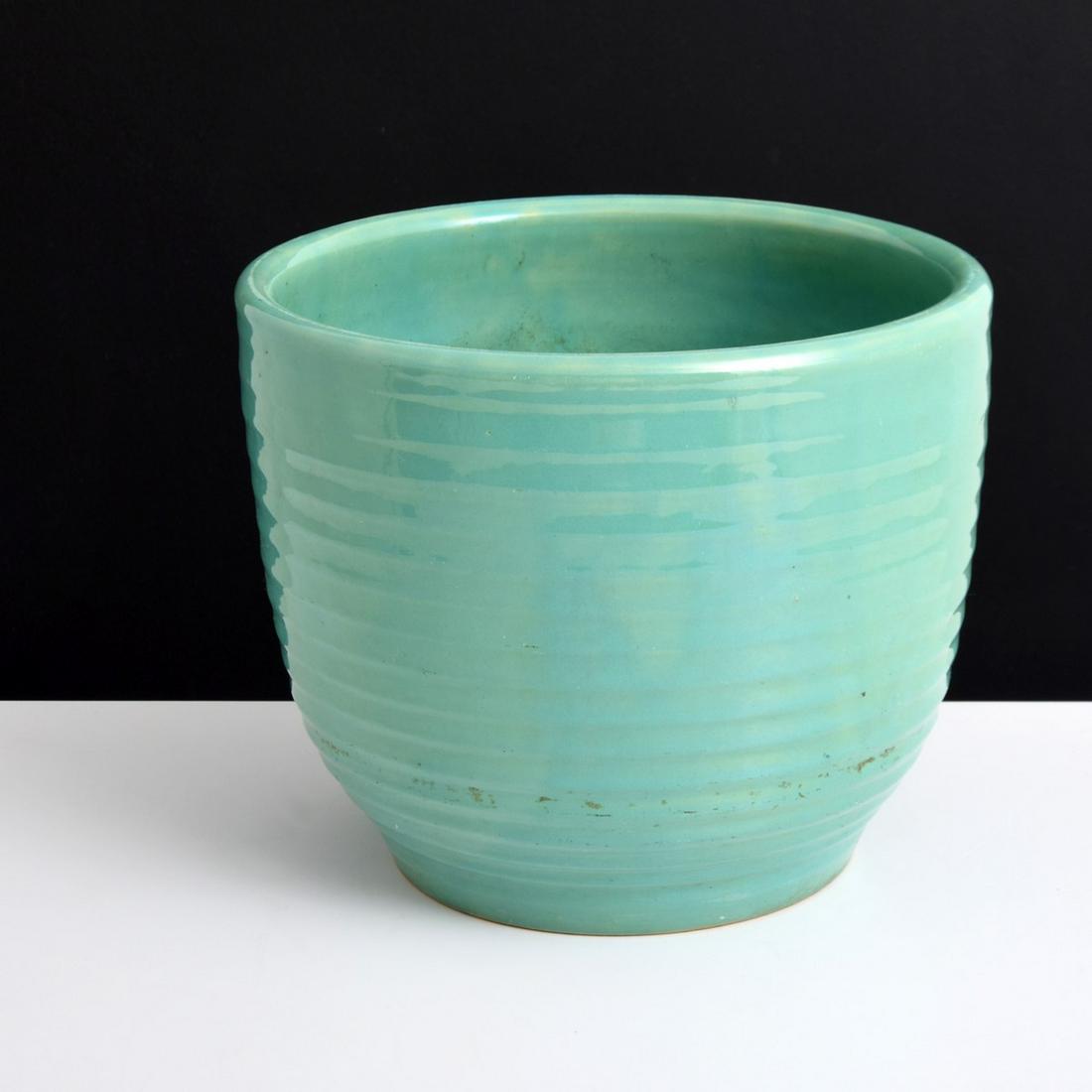 Large Bauer Ringware Turquoise Jardiniere/Planter: Artist/Designer; Manufacturer: J.A. Bauer Pottery Co. Marking(s); notes: marking(s) Country of origin; materials: USA; ceramic Dimensions (H, W, D): 10"h, 12"dia Additional Information: Ceramics, Bowl