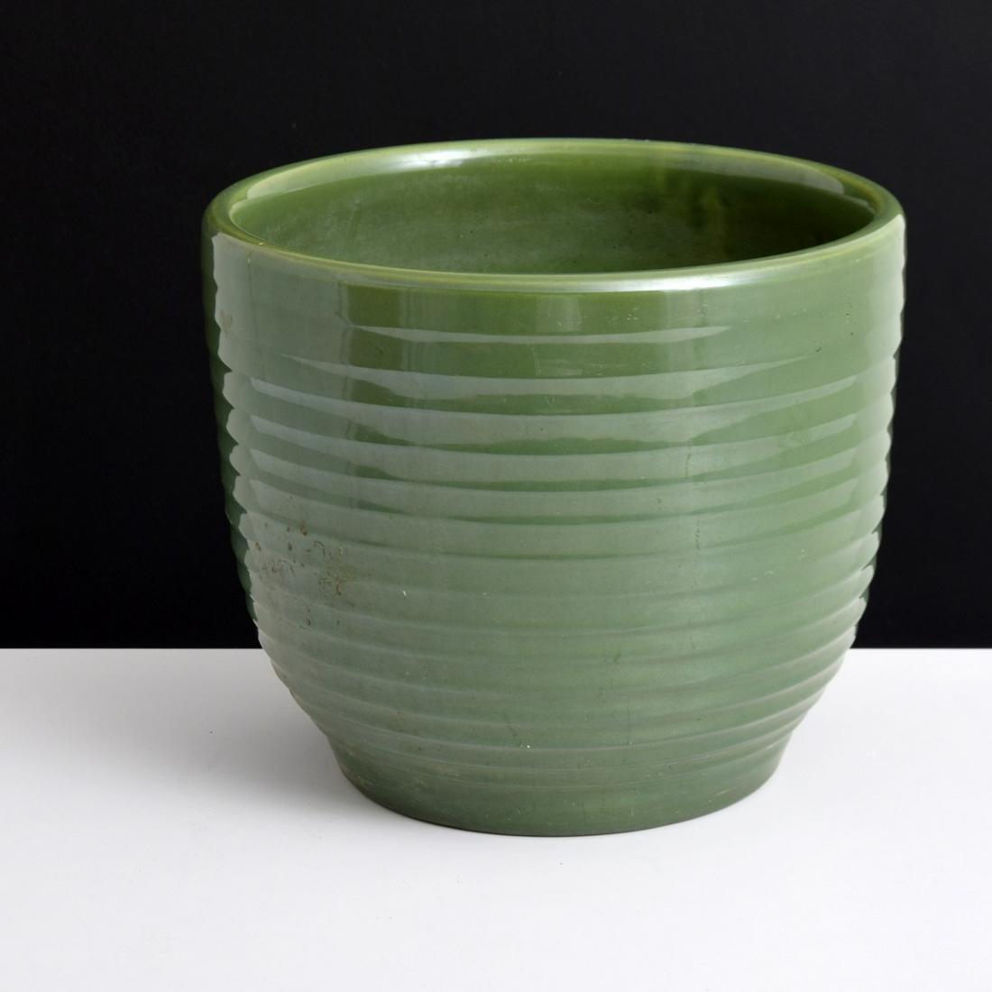Large Bauer Green Ringware Jardiniere/Planter: Artist/Designer; Manufacturer: J.A. Bauer Pottery Co. Marking(s); notes: marking(s) Country of origin; materials: USA; ceramic Dimensions (H, W, D): 11"h, 13"dia Additional Information: Ceramics, Bowl