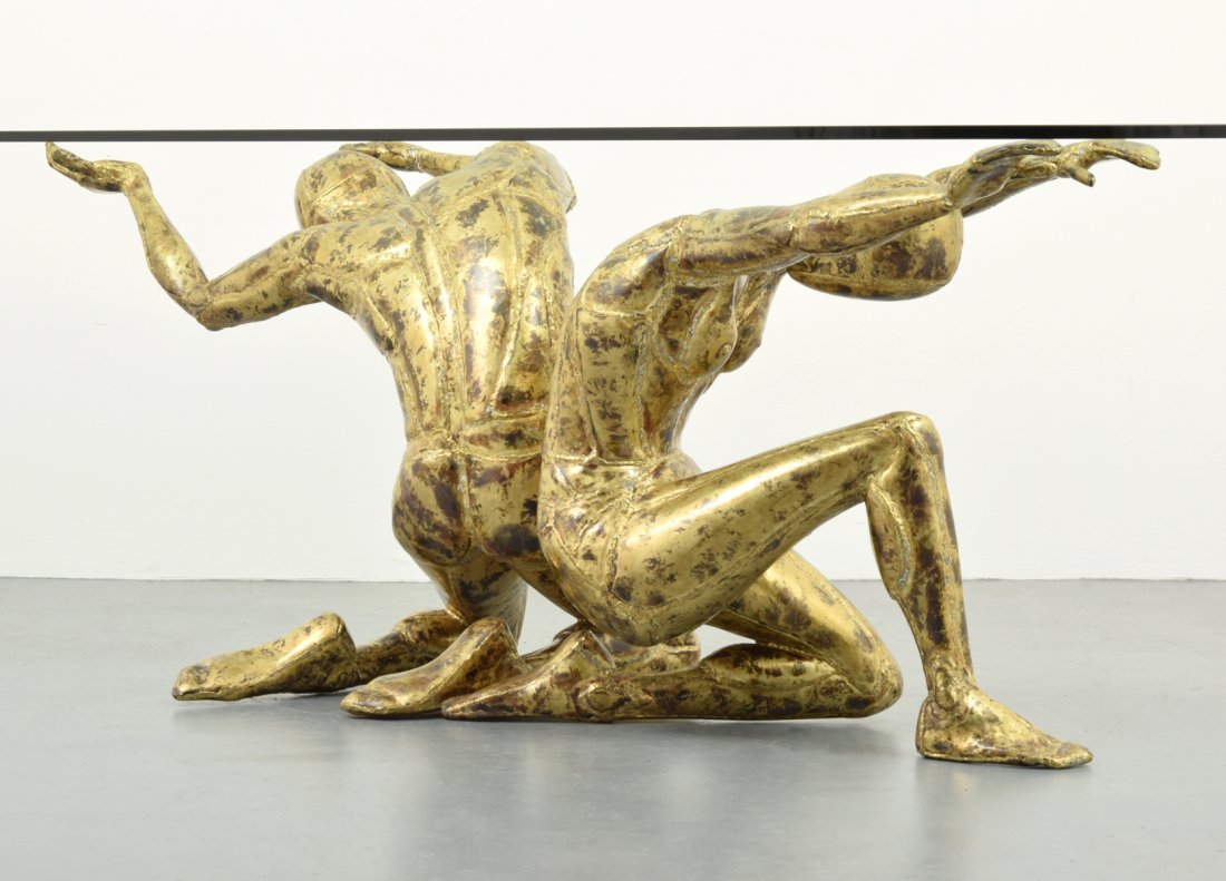 Jacques Duval Brasseur Sculptural Dining Table: Artist/Designer; Manufacturer: Jacques Duval-Brasseur (b. 1934) Marking(s); notes: signed Country of origin; materials: France; brass, glass Dimensions (H, W, D): 29.5"h, 98"w, 43.25"d Additional Info