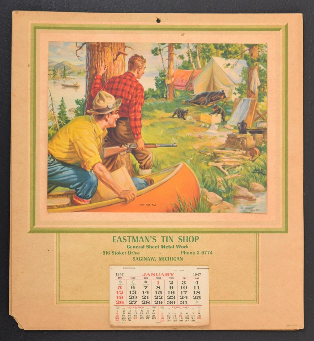 1947 Calendar "Eastman's Tin Shop": Artist/Designer; Manufacturer: unknown Marking(s); notes: marking(s) Country of origin; materials: USA; paper Dimensions (H, W, D): 13"h, 12"w Additional Information: Posters, Prints & Multiples