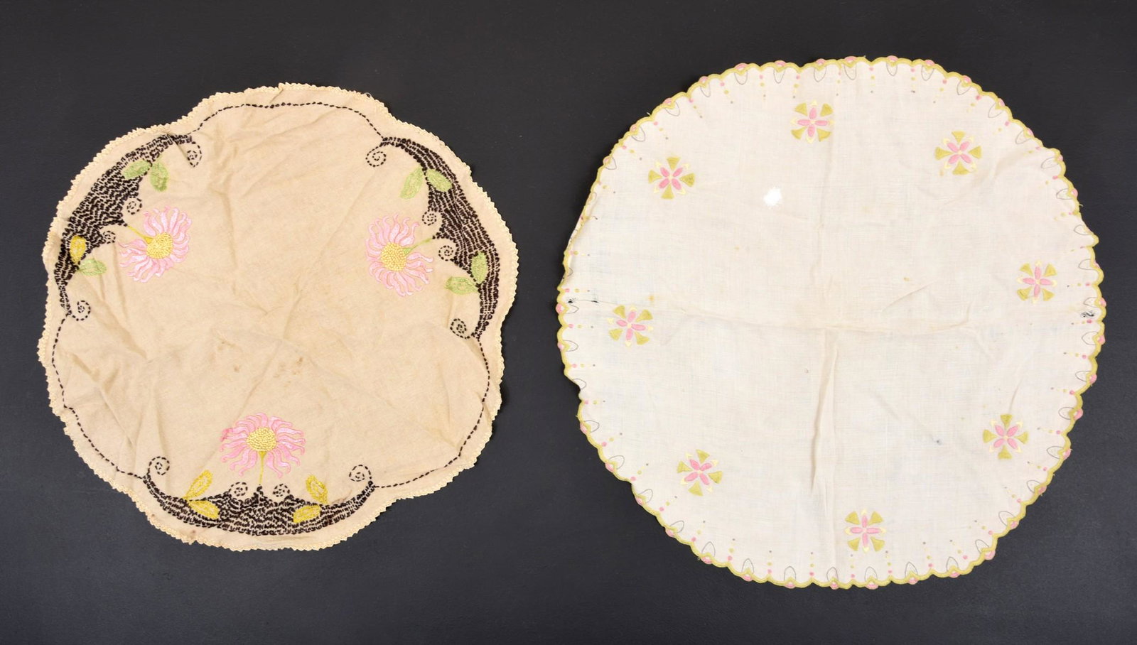 2 Arts & Crafts Embroidered Table Scarfs/Mats: Artist/Designer; Manufacturer: unknown Marking(s); notes: no marking(s) apparent Country of origin; materials: USA; fabric Dimensions (H, W, D): brown: 28"dia, white: 31"dia Additional Information: Te