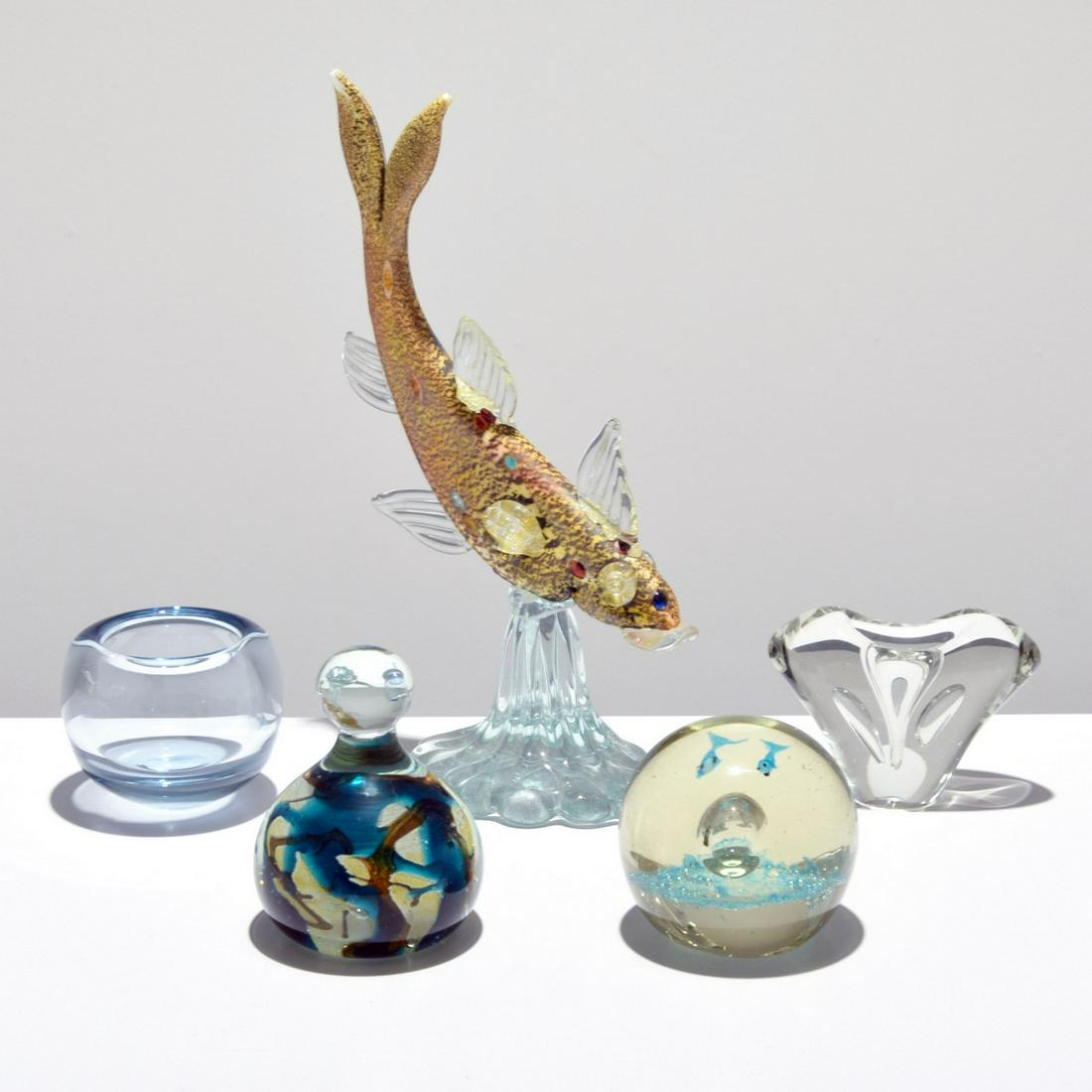 5 Vintage Glass Pieces: Artist/Designer; Manufacturer: Holmegaard, Medina, unknown Marking(s); notes: marking(s) Country of origin; materials: various; glass Dimensions (H, W, D): fish: 11.5"h, 7"w, 4"d Additional Informatio