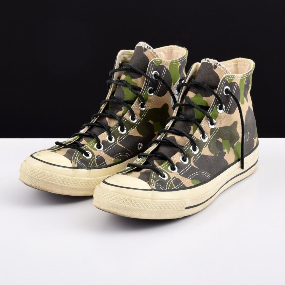 Chuck Taylor/Converse All Star Camo Canvas Sneakers: Artist/Designer; Manufacturer: Chuck Taylor/Converse Marking(s); notes: labels, marking(s) Country of origin; materials: see detail photos Dimensions (H, W, D): marked size 8.5 Additional Information: