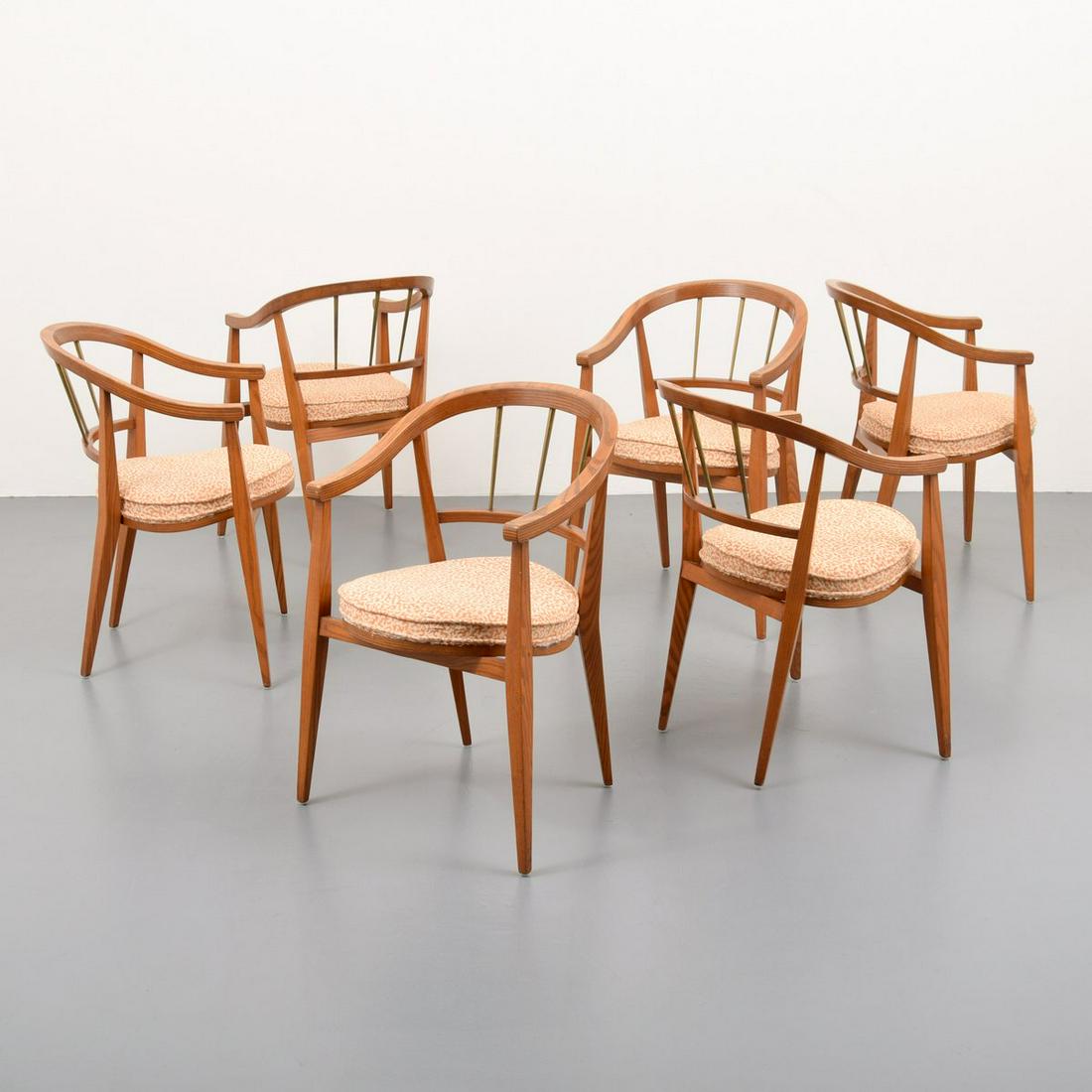 Edward Wormley Armed Dining Chairs, Set of 6: Artist/Designer; Manufacturer: Edward Wormley; Dunbar Marking(s); notes: Dunbar plaque Country of origin; materials: USA; wood, brass, upholstery Dimensions (H, W, D): 30.5"h, 19.25"w, 20"d; 18.75" se