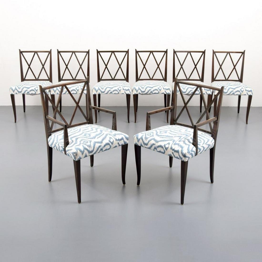 Tommi Parzinger Dining Chairs, Set of 8: Artist/Designer; Manufacturer: Tommi Parzinger; Parzinger Originals Marking(s); notes: no marking(s) apparent Country of origin; materials: USA; wood, upholstery Dimensions (H, W, D): 35"h, 19.25"w, 2