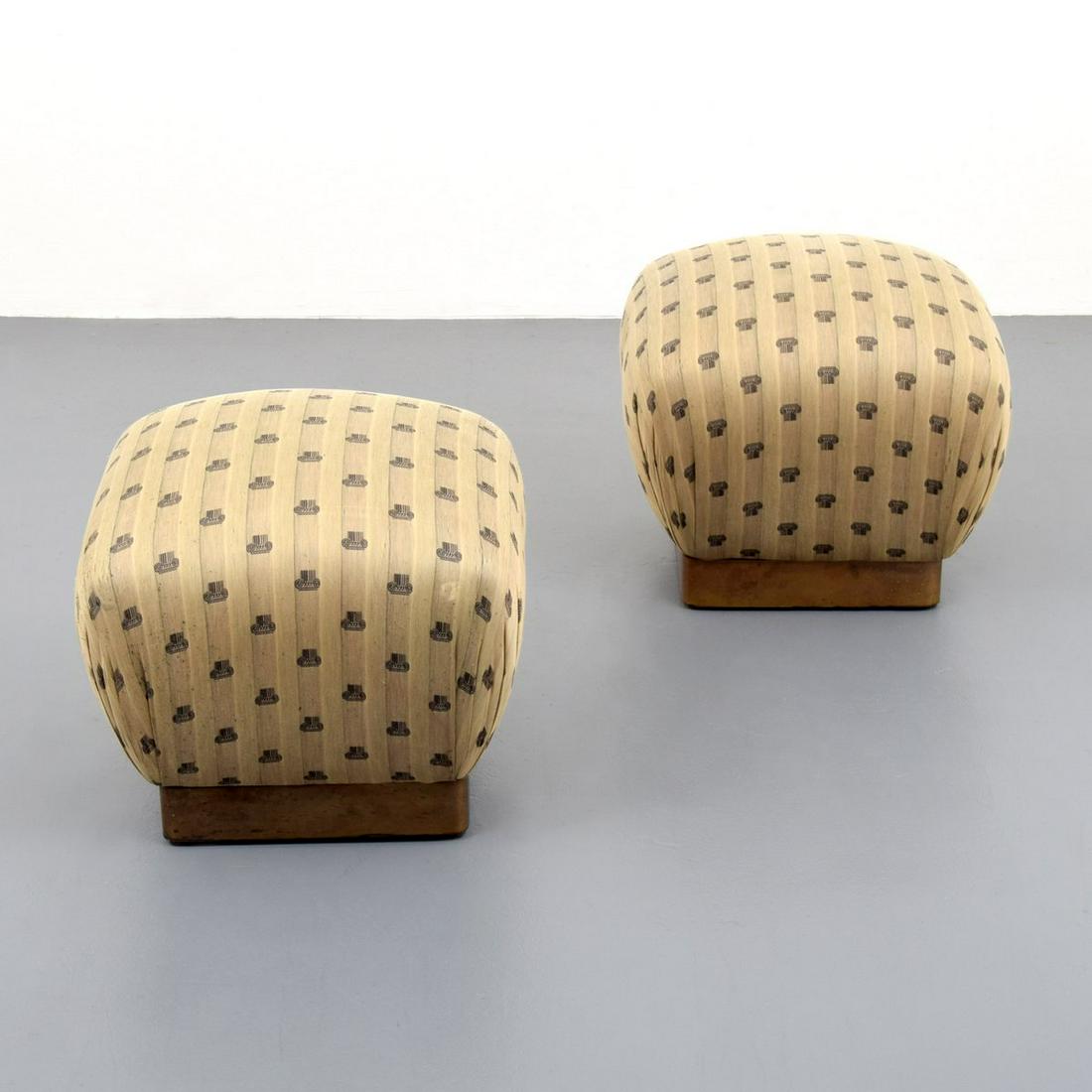 Pair of Marge Carson Souffle Poufs/Ottomans: Artist/Designer; Manufacturer: Marge Carson (manner of Karl Springer) Marking(s); notes: Marge Carson, Inc. label Country of origin; materials: USA; brass, upholstery Dimensions (H, W, D): 17.5"h, 18.