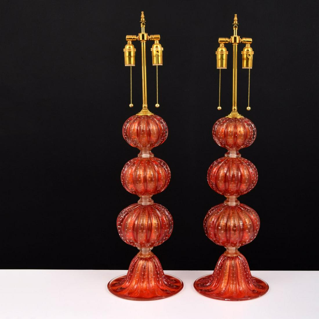 Pair of Large Alberto Dona Murano Ball Lamps, 34"H: Artist/Designer; Manufacturer: Alberto Dona Marking(s); notes: signed Country of origin; materials: Italy; brass, glass Dimensions (H, W, D): 34.5"oah, 10" dia Additional Information: Each lamp has tw