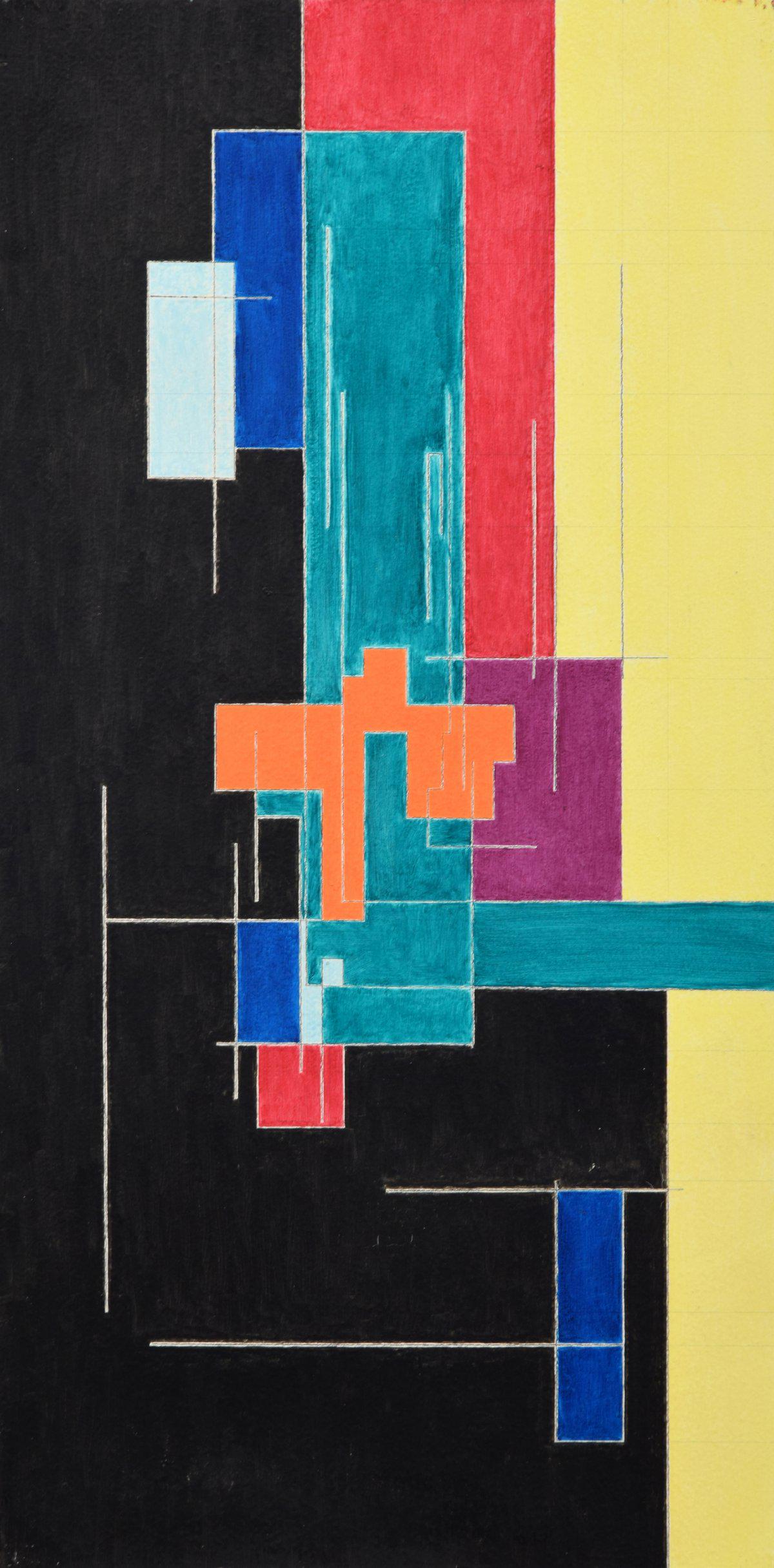 Richard Tobias Abstract Geometric Painting: Artist/Designer; Manufacturer: Richard Tobias (b. 1952) Marking(s); notes: signed; 1989 Country of origin; materials: American; oil and graphite on panel Dimensions (H, W, D): 27.75"h, 13.75"w Additio